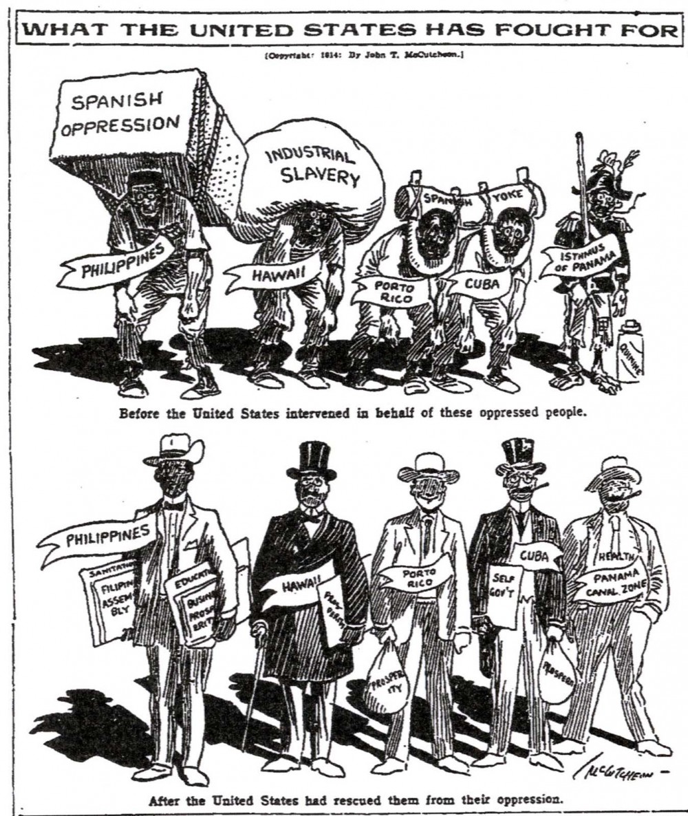 A propagandistic image, this 1914 political cartoon shows embodiments of colonies and territories before and after American interventions. The differences are obvious and exaggerated, with the top figures described as “oppressed” by the weight of industrial slavery until America “rescued” them, thereby turning them into the respectable and successful businessmen seen on the bottom half. Those who claimed that American imperialism brought civilization and prosperity to destitute peoples used visuals like these, as well as photographic and textual evidence, to support their beliefs. "What the United States has Fought For,” in Chicago Tribune, 1914. Wikimedia, http://commons.wikimedia.org/wiki/File:Free_from_Spanish.jpg.