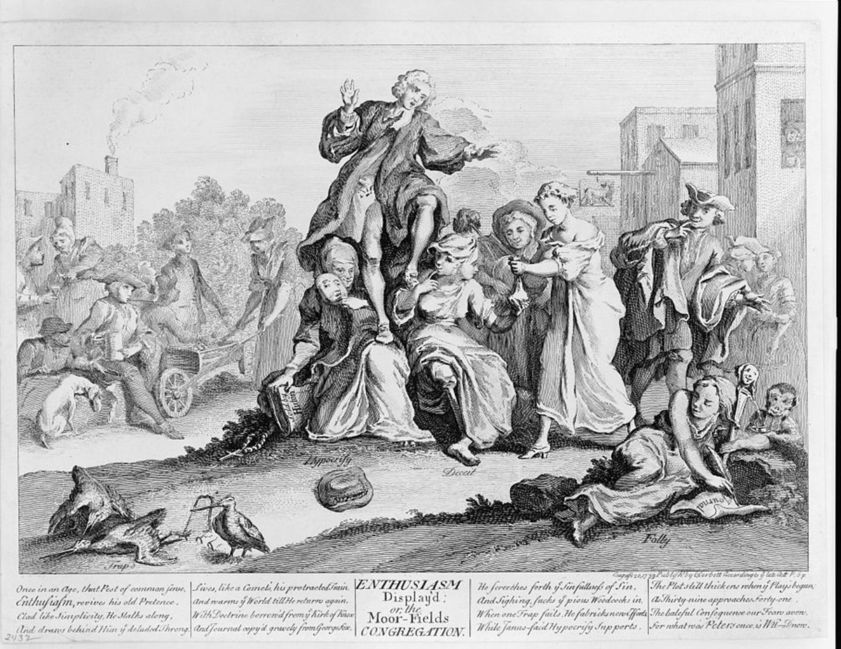 George Whitefield is shown supported by two women, “Hypocrisy” and “Deceit”. The image also includes other visual indications of the engraver’s disapproval of Whitefield, including a monkey and jester’s staff in the right-hand corner. C. Corbett, publisher, “Enthusiasm display’d: or, the Moor Fields congregation,” 1739. Library of Congress.