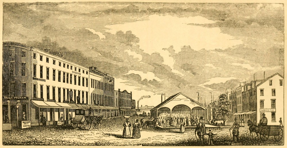 In southern cities like Norfolk, VA, markets sold not only vegetables, fruits, meats, and sundries, but also slaves. Enslaved men and women, like the two walking in the direct center, lived and labored next to free people, black and white. S. Weeks, “Market Square, Norfolk,” from Henry Howe's Historical Collections of Virginia, 1845. Wikimedia, http://commons.wikimedia.org/wiki/File:Historical_Collections_of_Virginia_-_Market_Square,_Norfolk.jpg. 