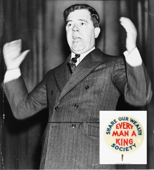 A photograph of Huey Long giving a speech. Also an inset image of a button that says "Share Our Wealth Society Every Man a King"