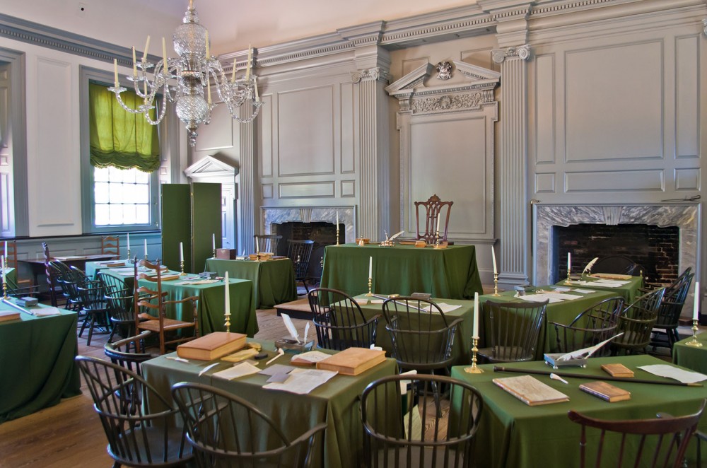 Delegates to the Constitutional Convention assembled, argued, and finally agreed in this room, styled in the same manner it was during the Convention. Photograph of the Assembly Room, Independence Hall, Philadelphia, PA. Wikimedia, http://commons.wikimedia.org/wiki/File:Independence_Hall_10.jpg. 