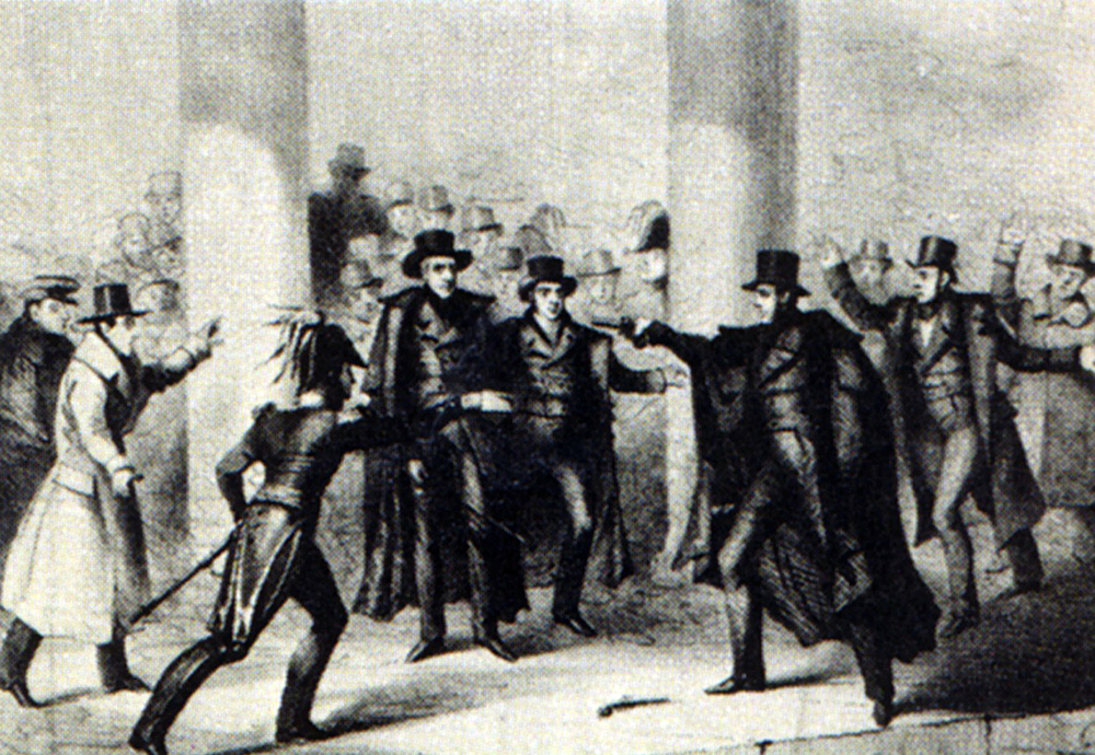 In 1835, Jackson became the first US President on whom an assassination attempt was carried out. While unsuccessful, it became another moment for Jackson to establish his persona as impulsive and passionate when, after the assassin’s gun misfired twice, Jackson beat the man senseless with a cane. Wikimedia, http://commons.wikimedia.org/wiki/File:JacksonAssassinationAttempt.jpg. 