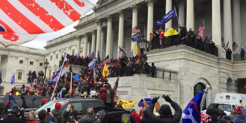 Crowds cheer rioters waving Donald Trump flags as they breach the U.S. Capitol