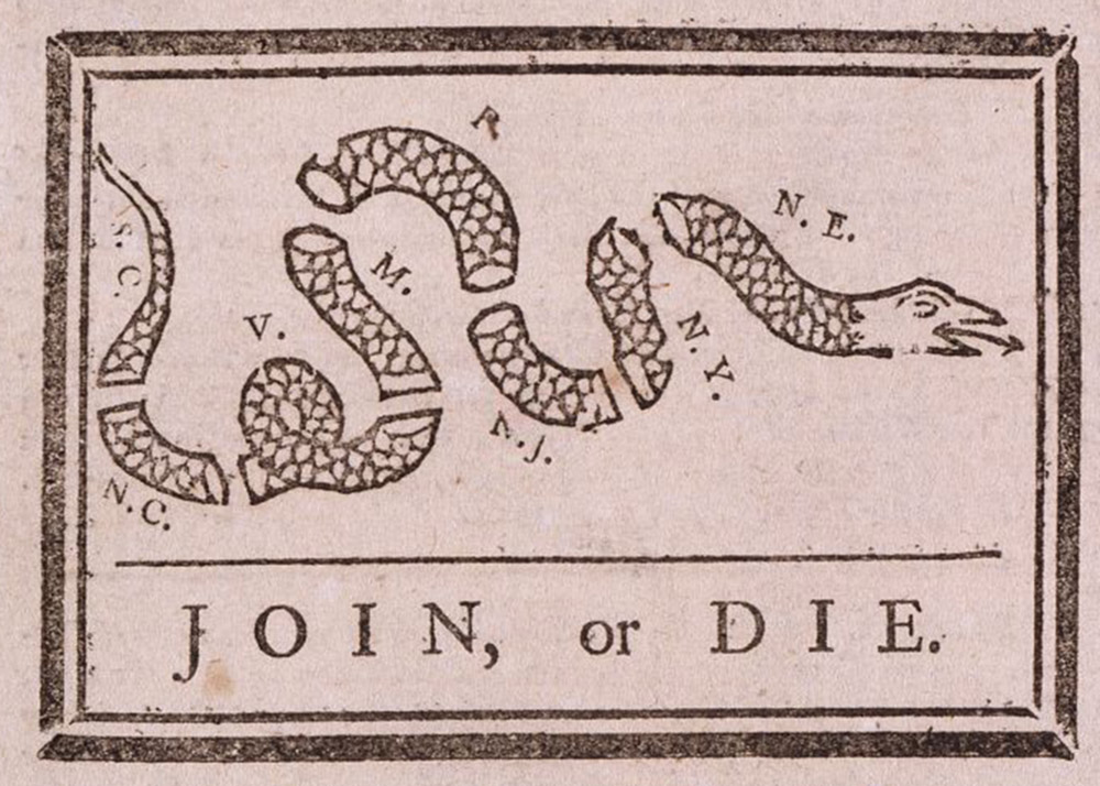 Benjamin Franklin, “Join or Die,” May 9, 1754. Library of Congress,  http://www.loc.gov/pictures/item/2002695523/. 