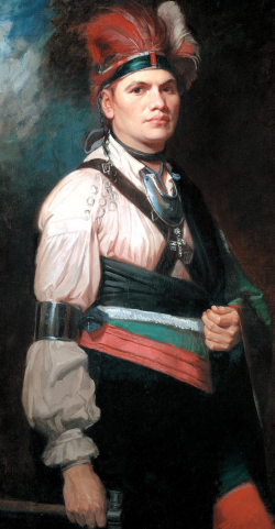 Joseph Brandt as painted by George Romney, British court painter. Brandt was a Mohawk leader who led Mohawk and British forces in western New York. This portrait was made while Brant was visiting England. via Wikimedia.