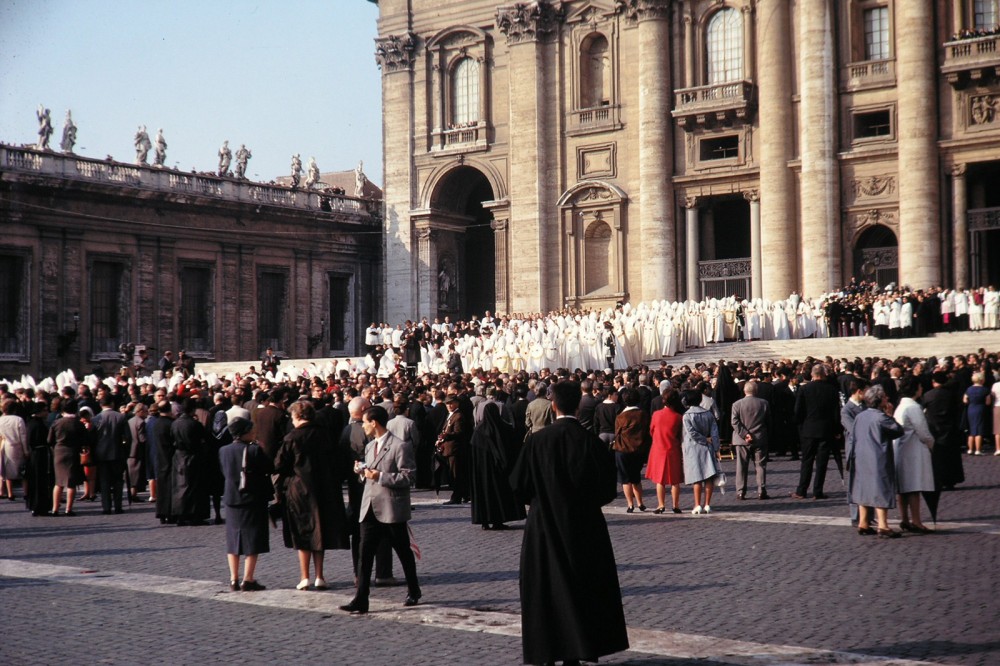 Losing membership and influence throughout the world, leaders of the Catholic Church met in 1965 institute new measures to modernize and open the church. This ecumenical council would become known as the Second Vatican Council or Vatican II. Photograph of the grand procession of the Council Fathers at St. Peter's Basilica, October 11, 1962. Wikimedia, http://commons.wikimedia.org/wiki/File:Konzilseroeffnung_1.jpg.