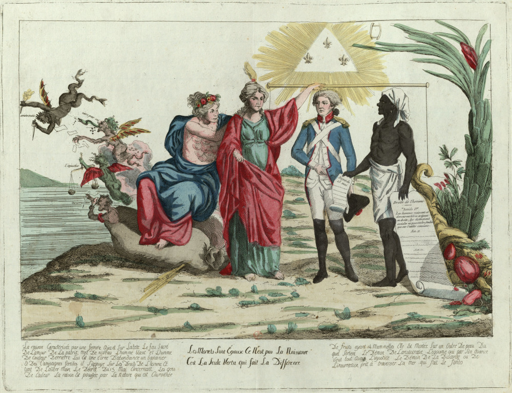 This print from the French Society of the Friends of Blacks demonstrates the belief held by many (but not all) abolitionists throughout the Atlantic World that all persons, regardless of skin color, are equal by birth. “Les Mortels sont égaux, ce n'est pas la naissance c'est la seule vertu qui fait la différence” (“Mortals are equal, it is not birth, but virtue alone that makes the difference”), 1794. Wikimedia, http://commons.wikimedia.org/wiki/File:Les_Mortels_sont_%C3%A9gaux,_ce_n%27est_pas_la_naissance_c%27est_la_seule_vertu_qui_fait_la_diff%C3%A9rence.jpg. 