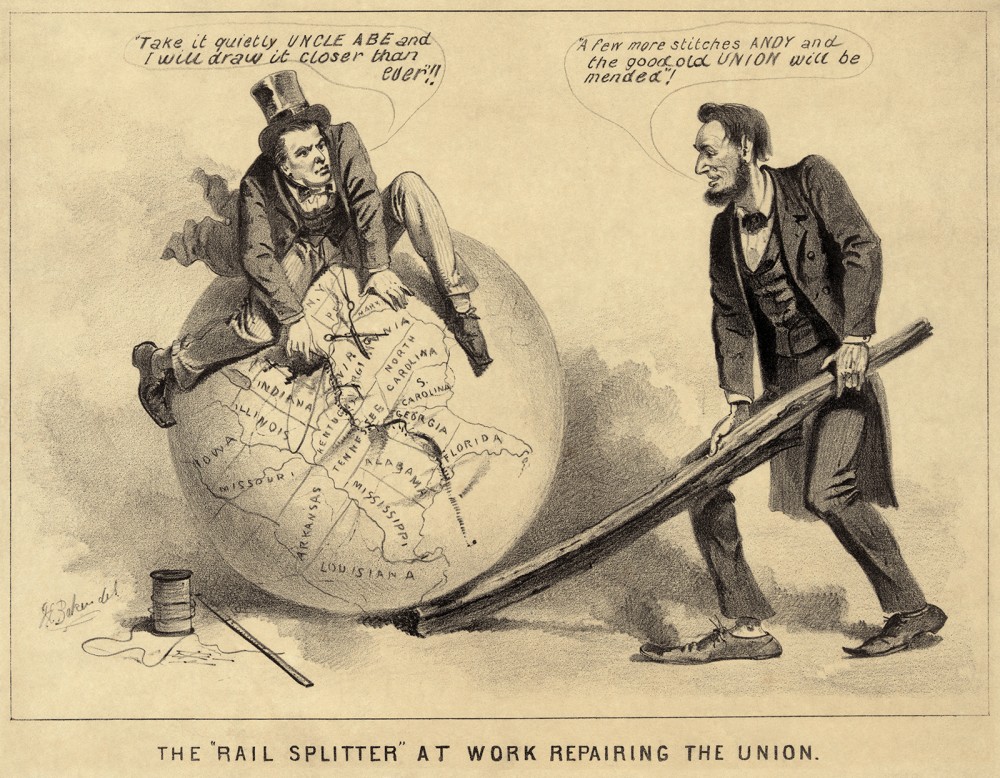 This political cartoon Johnson stitching together the globe while Lincoln supports it with a rail. The caption reads "The Rail Splitter at work repairing the Union." Johnson says, "Take it quietly Uncle Abe and I will draw it closer than ever!" Lincoln says, "A few more stitches Andy and the good old Union will be mended!"