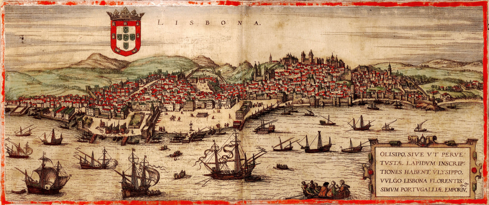 Engraving of sixteenth century Lisbon. Dozens of boats appear in front of a densely populated city. 