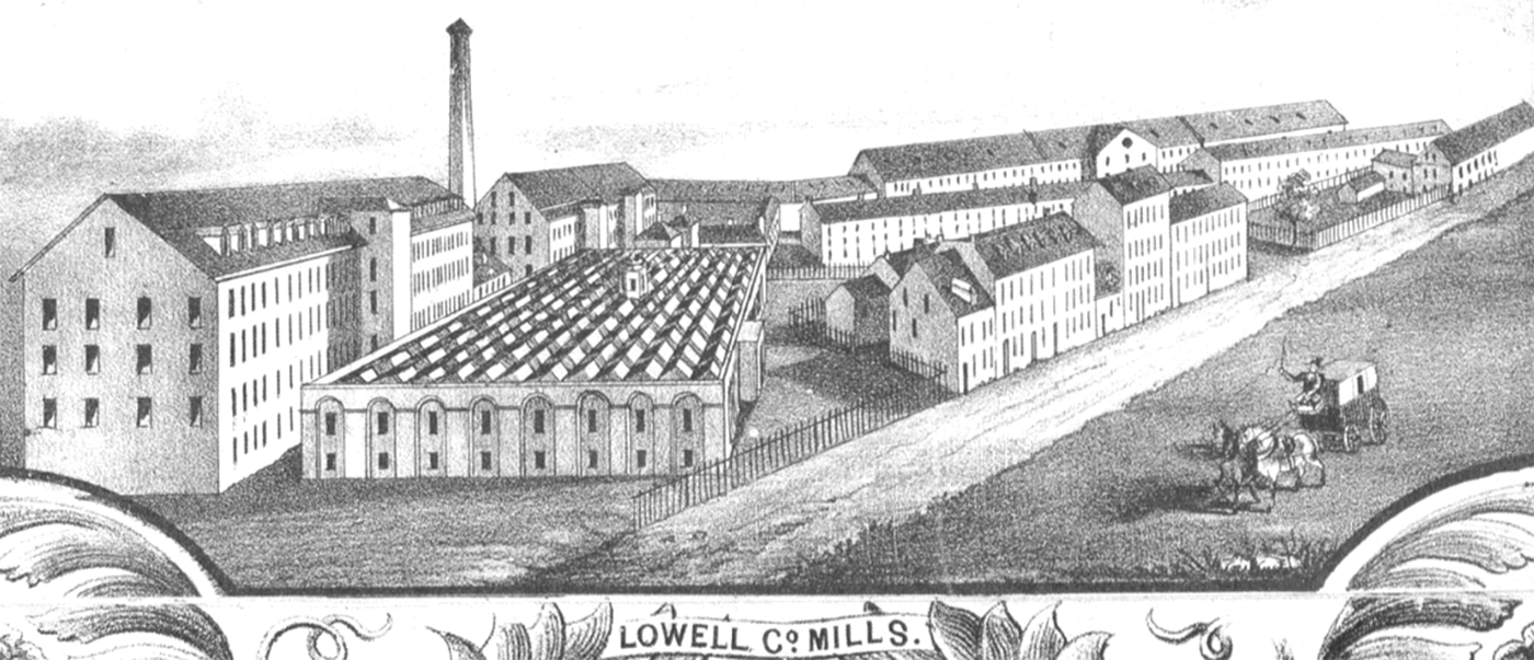 An illustration of the Lowell Mills, including both factories, dormitories, a river, and a stagecoach. Sidney & Neff, Detail from “Plan of the City of Lowell, Massachusetts,” 1850, http://commons.wikimedia.org/wiki/File:1850_Lowell_Co_Mills_Lowell_Massachusetts_detail_of_map_by_Sidney_and_Neff_BPL_11051.png. 