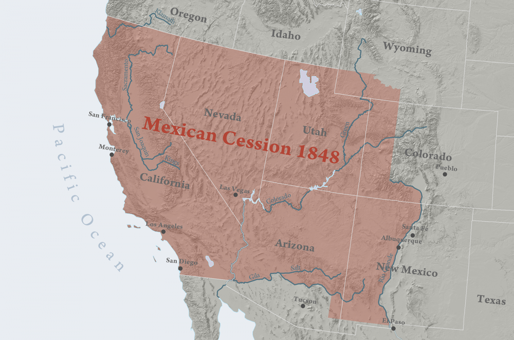 This map shows the Mexican cession, the land ceded by Mexico to the United States after the Treaty of Guadalupe Hidalgo. The Mexican cession included present-day California, Nevada, Utah, and parts of Arizona, New Mexico, Colorado, and Wyoming. 