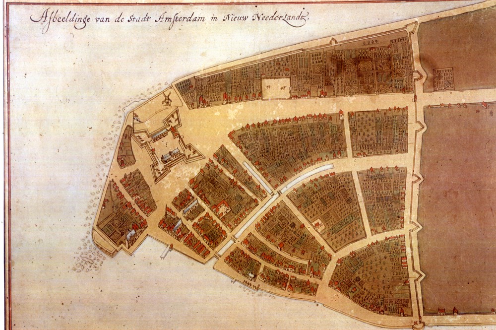 The earliest plan of New Amsterdam (now Manhattan). 1660. Wikimedia.