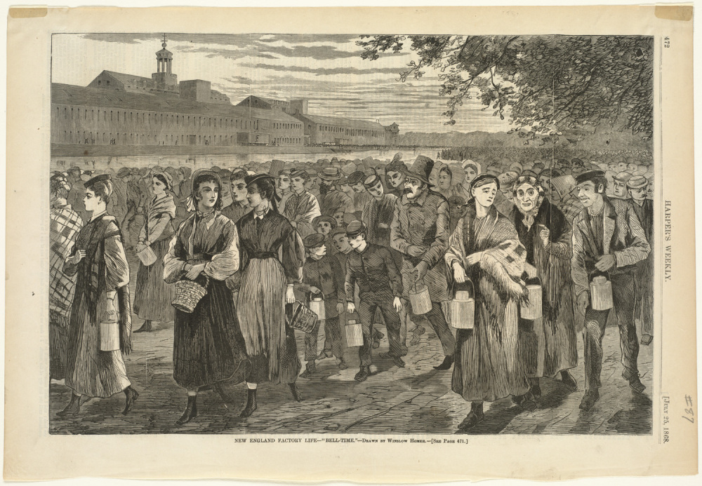 This drawing shows men and women of all ages walking near a factory. Many are carrying lunch pails. Winslow Homer, “Bell-Time,” Harper’s Weekly vol. XII (July 1868): p. 472, http://commons.wikimedia.org/wiki/File:New_England_factory_life_--_%27Bell-time.%27_%28Boston_Public_Library%29.jpg. 