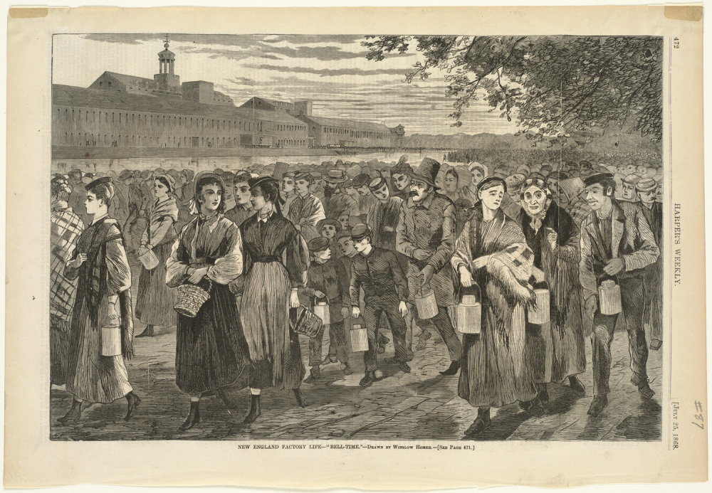 Winslow Homer, “Bell-Time,” Harper’s Weekly vol. XII (July 1868): p. 472, http://commons.wikimedia.org/wiki/File:New_England_factory_life_--_%27Bell-time.%27_%28Boston_Public_Library%29.jpg. 