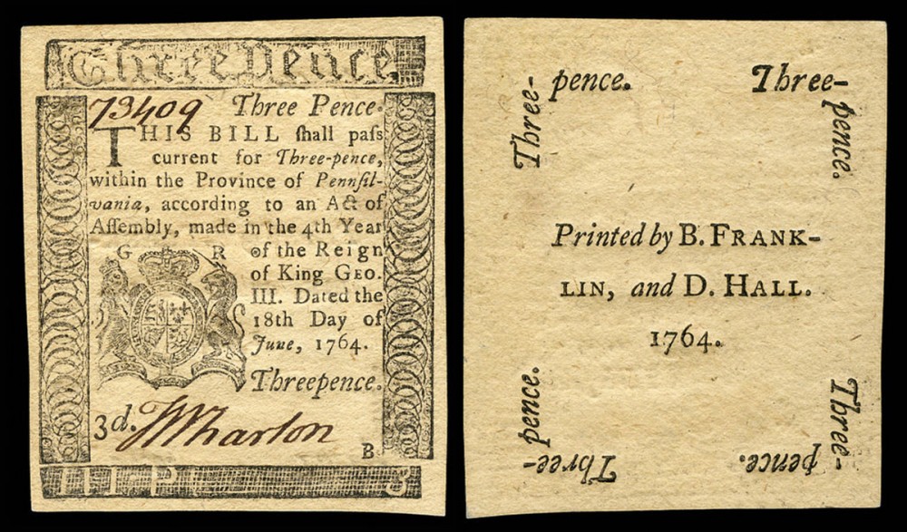 Benjamin Franklin and David Hall, printers, Pennsylvania Currency, 1764. Wikimedia, http://commons.wikimedia.org/wiki/File:US-Colonial_%28PA-115%29-Pennsylvania-18_Jun_1764.jpg. 