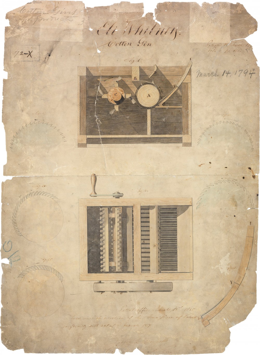 This photograph shows the original diagram used in Eli Whitney's patent application for his cotton gin. 