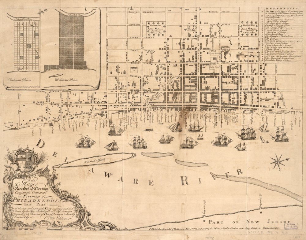 An early map of Philadelphia. Nicholas Scull, “To the mayor, recorder, aldermen, common council, and freemen of Philadelphia this plan of the improved part of the city surveyed and laid down by the late Nicholas Scull,” Philadelphia, 1762. Library of Congress, http://www.loc.gov/item/74692589/. 