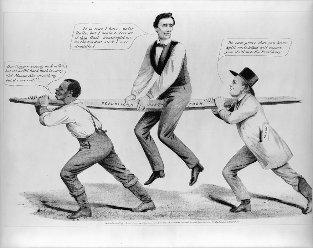 In this political cartoon, Abraham Lincoln uncomfortably straddles a rail supported by a black man and Horace Greeley (editor of the New York “Tribune”). The wood board is a dual reference to the antislavery plank of the 1860 Republican platform -- which Lincoln seemed to uneasily defend -- and Lincoln’s backwoods origins. Louis Maurer, “The Rail Candidate,” Currier & Ives, c. 1860. Library of Congress, http://www.loc.gov/pictures/item/2001703953/. 