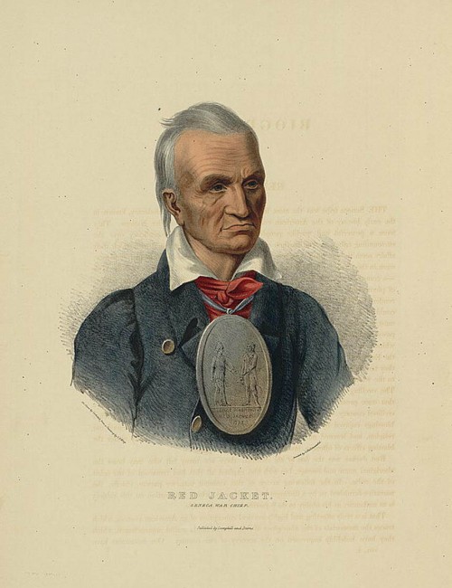 Shown in this portrait as a refined gentleman, Red Jacket proved to be one of the most effective middlemen between native Americans and United States officials. The medal worn around his neck, apparently given to him by George Washington, reflects his position as an intermediary. Campbell & Burns, “Red Jacket. Seneca war chief,” Philadelphia: C. Hullmandel, 1838. Library of Congress, http://www.loc.gov/pictures/item/2003670111/. 