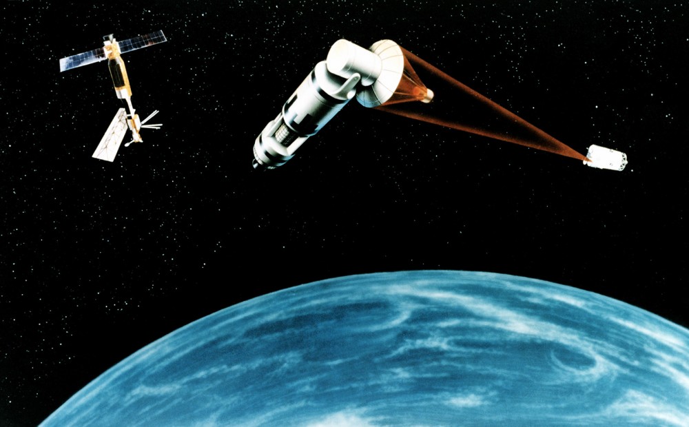 Image showing a series of satellites that would be a part of the proposed space-based Strategic Defense Initiative. 