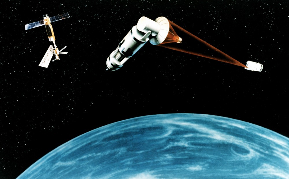 Image showing a series of satellites that would be a part of the proposed space-based Strategic Defense Initiative.