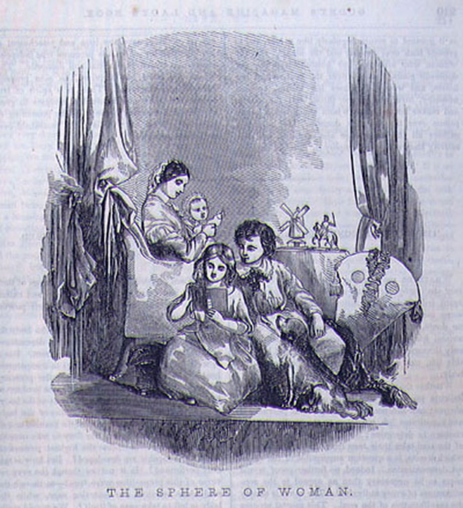 This scene of domestic repose shows a mother with three children. The two older children read a book together while the youngest looks on from his watchful mother's lap. “The Sphere of Woman,” is printed at the bottom.