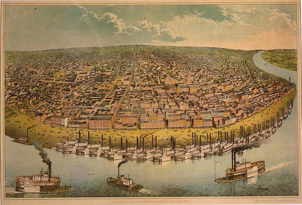 This map of early St. Louis shows a fleet of steamboats docked along the Mississippi River. A. Janicke & Co., “Our City, (St. Louis, Mo.),” 1859, http://www.loc.gov/pictures/resource/cph.3g03168/. 