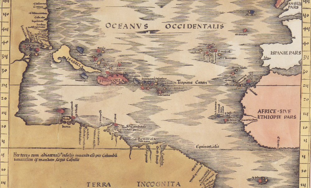 Map of the Atlantic Ocean depicting Iberia, Africa, a few Caribbean Islands, and a large landmass labeled "Terra Incognita."