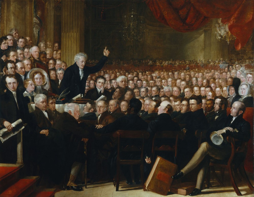 This enormous painting documents the 1840 convention of the British and Foreign Anti-Slavery Society, established by both American and English anti-slavery activists to promote worldwide abolition. Benjamin Haydon, The Anti-Slavery Society Convention, 1840. Wikimedia, http://commons.wikimedia.org/wiki/File:The_Anti-Slavery_Society_Convention,_1840_by_Benjamin_Robert_Haydon.jpg. 