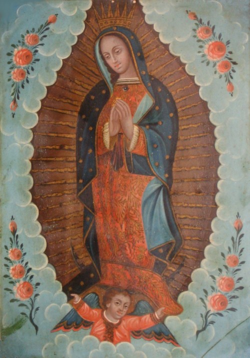 Our Lady of Guadalupe is perhaps the most culturally important and extensively reproduced Mexican-Catholic image. In the iconic depiction, Mary stands atop the tilma (peasant cloak) of Juan Diego, on which according to his story appeared the image of the Virgin of Guadalupe. Throughout Mexican history, the story and image of Our Lady of Guadalupe has been a unifying national symbol. Mexican retablo of “Our Lady of Guadalupe,” 19th century, in El Paso Museum of Art. Wikimedia, http://commons.wikimedia.org/wiki/File:Mexican_oil_paint_on_tin_retablo_of_%27Our_Lady_of_Guadalupe%27,_19th_century,_El_Paso_Museum_of_Art.JPG.