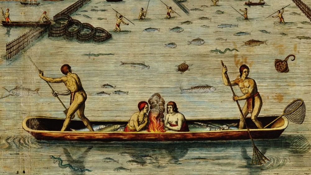An illustration of Native Americans fishing in a canoe. "Incolarum Virginiae piscandi ratio (The Method of Fishing of the Inhabitants of Virginia)," c1590, via the Encyclopedia Virginia.