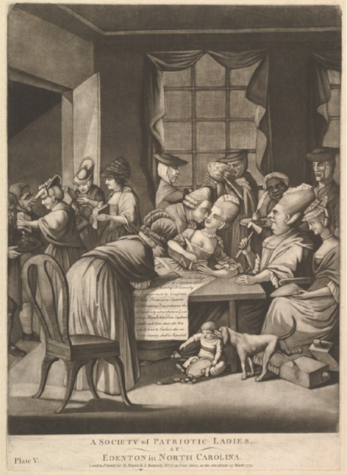 While in the 13 colonies boycotting women were seen as patriots, they were mocked in British prints like this one as immoral harlots sticking their noses in the business of men. Philip Dawe, “A Society of Patriotic Ladies at Edenton in North Carolina, March 1775. Metropolitan Museum of Art, http://www.metmuseum.org/collection/the-collection-online/search/388959. 