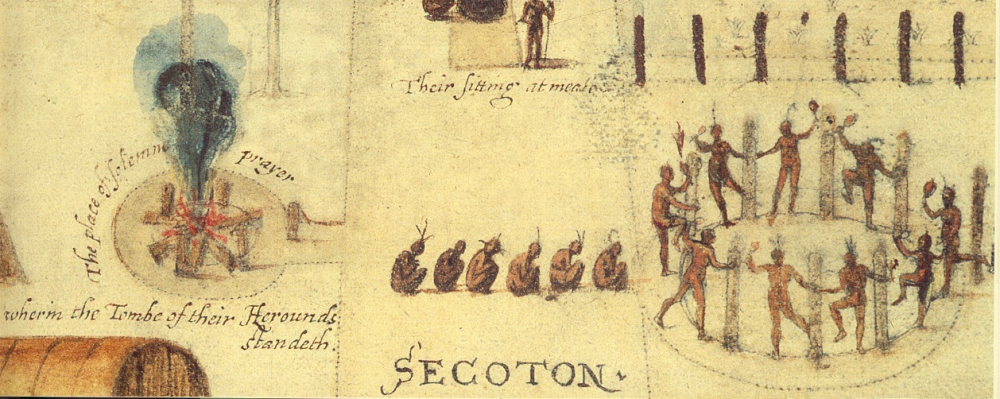 An early sketch by settler John White of Native American in Virginia. John White, “Village of the Secotan, 1585, via Wikimedia.