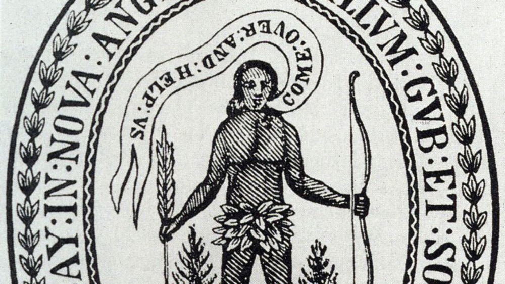 Seal of the Massachusetts Bay Colony, depicting a Native American saying "Come Over and Help Us"