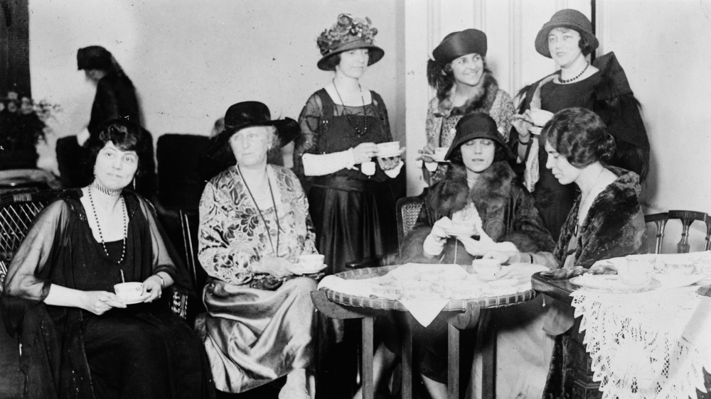 During the 1920s, the National Woman’s Party fought for the rights of women beyond that of suffrage, which had been secured through the 19th Amendment in 1920. They organized private events, like the tea party pictured here, and public campaigning, such as the introduction of the Equal Rights Amendment to Congress, as they continued the struggle for equality. “Reception tea at the National Womens [i.e., Woman's] Party to Alice Brady, famous film star and one of the organizers of the party,” April 5, 1923. Library of Congress.