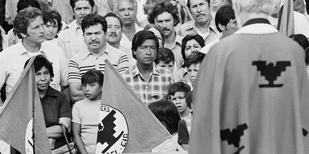 The United Farm Workers Union become a strong force for bettering working conditions of laborers in California and Florida agriculture. Cesar Chavez (center) and UFW supporters attend an outdoor Mass on the capitol steps in Sacramento, Calif.,  before start of a labor protest march, date unknown. http://i.huffpost.com/gen/1608804/thumbs/o-CESAR-CHAVEZ-facebook.jpg. 