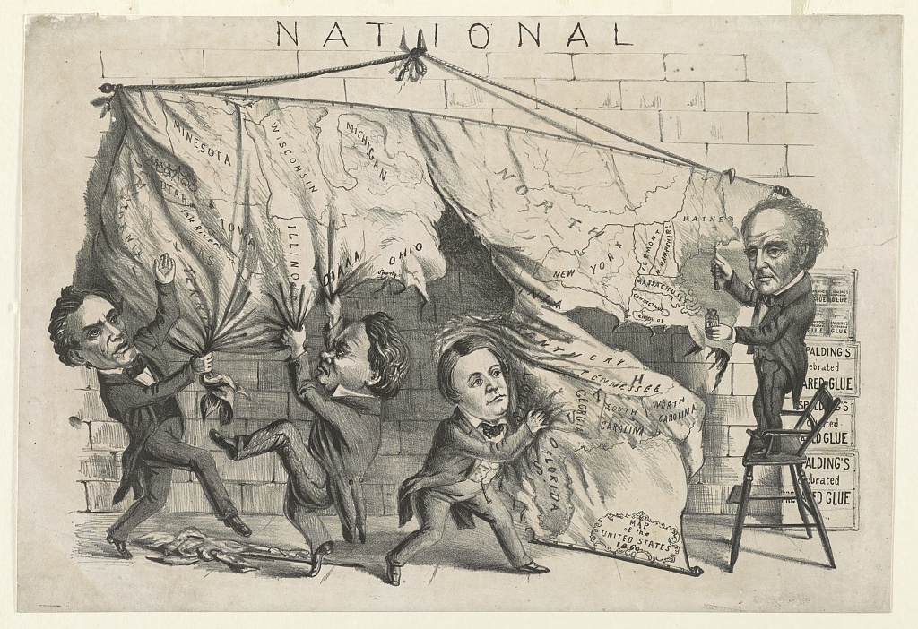 This political cartoon depicts the four candidates in the 1860 presidential election tearing apart a map of the United States. 