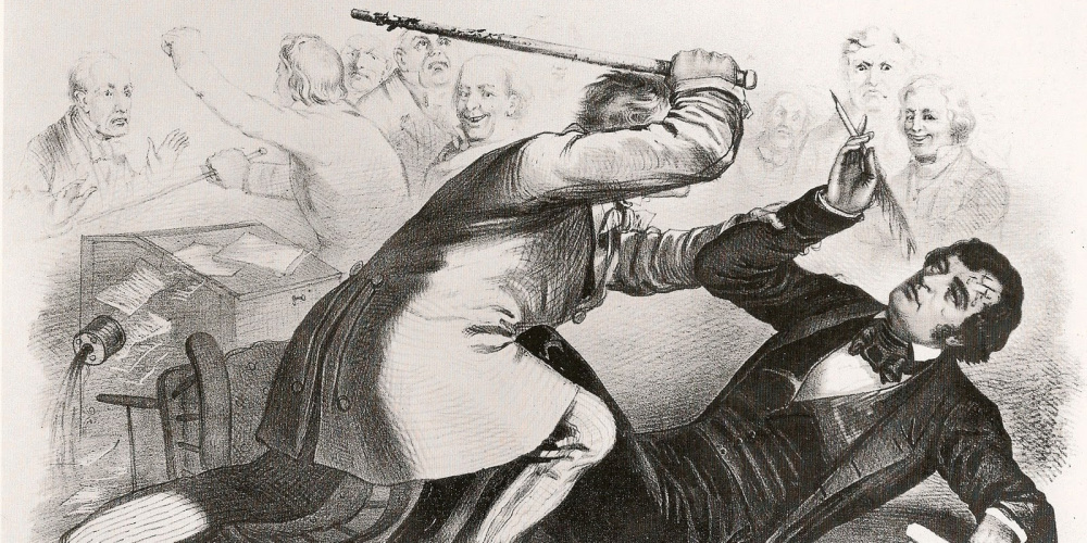 This illustration shows Preston Brooks caning Senator Charles Sumner. 