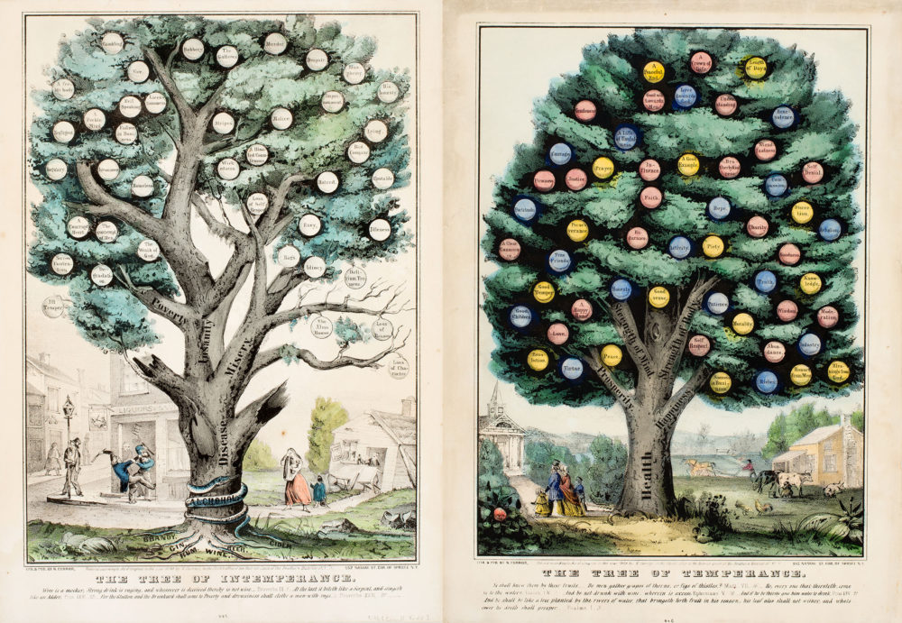 This print shows two trees: “Tree of Temperance” and “Tree of Intemperance,” The tree of bears colorful fruit and the trunk includes the word health, prosperity, strength of mind, happiness, and more. The tree of intemperance, on the other hand, is barren and marred by disease, misery, poverty, and insanity.