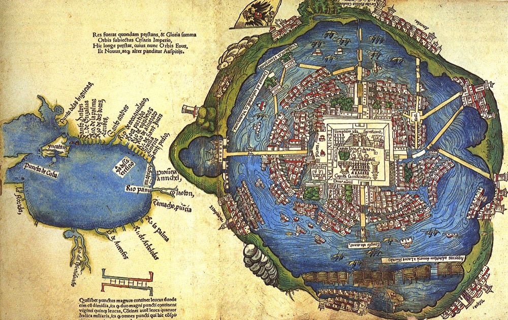 This sixteenth-century map of Tenochtitlan shows the aesthetic beauty and advanced infrastructure of this great Aztec city. Map, c. 1524, Wikimedia, http://commons.wikimedia.org/wiki/File:%D0%A2%D0%B5%D0%BD%D0%BE%D1%87%D1%82%D0%B8%D1%82%D0%BB%D0%B0%D0%BD.jpg. 