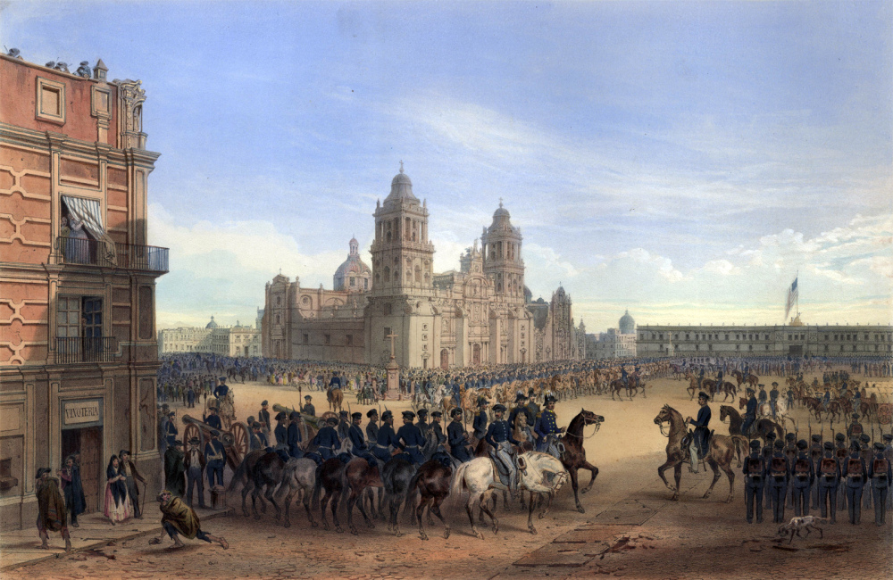 “General Scott’s entrance into Mexico.” Lithograph. 1851. Originally published in George Wilkins Kendall & Carl Nebel, The War between the United States and Mexico Illustrated, Embracing Pictorial Drawings of all the Principal Conflicts. New York: D. Appleton, 1851. The painting shows a military ceremony in a Mexican plaza. The scene shows a large cathedral with twin bell towers in the background. In the foreground, there are organized formations of uniformed soldiers, cavalry units, and crowds of spectators. The architecture includes colonial-style buildings with balconies. 