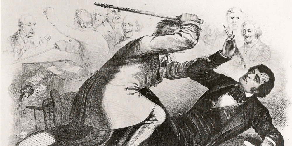 The Caning of Charles Sumner, 1856. Wikimedia. This 19th-century political cartoon titled "Southern Chivalry - Argument versus Club's" from 1856, showing a violent scene where a Preston Brooks is depicted as a large man with a cane attacking a fallen Charles Sumner while onlookers watch from the background. 