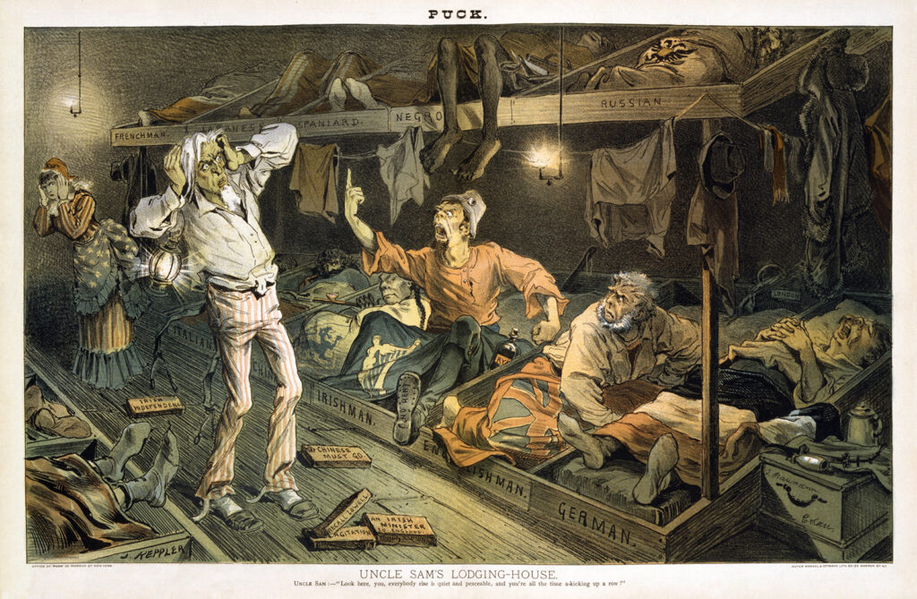 A political cartoon depicting Uncle Sam clamping his hands over his ears as an “Irishman” yells at him in the steerage of a ship.