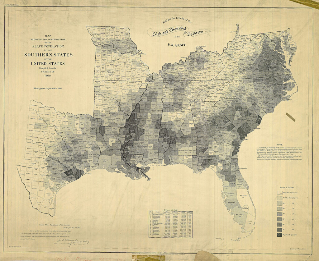 A historical map from 1861 titled "MAP SHOWING THE DISTRIBUTION OF THE SLAVE POPULATION OF THE SOUTHERN STATES OF THE UNITED STATES Compiled from the CENSUS OF 1860." The map uses varying shades of gray to black to represent the density of enslaved populations across counties in the southern United States, with darker shading indicating higher concentrations of enslaved people. A statistical table appears at the bottom center, and there's a note explaining the data compilation.. The highest percentages lie along the Mississippi River, in the “Black Belt” of Alabama, and coastal South Carolina, all of which were centers of agricultural production (cotton and rice) in the United States.