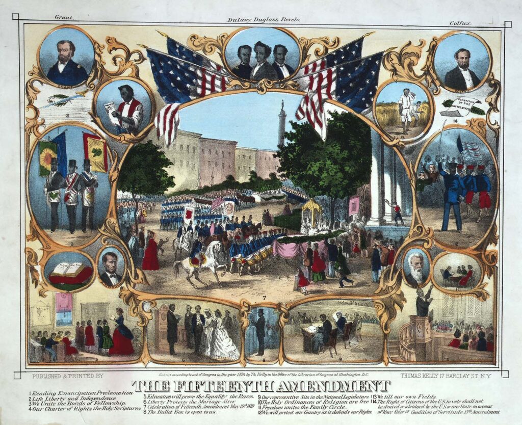 This print depicts a huge parade held in Baltimore, Maryland, on May 19, 1870, surrounded by portraits of abolitionists and scenes of African Americans exercising their rights. Thomas Kelly after James C. Beard, The 15th Amendment. Celebrated May 19th 1870, 1870. Library of Congress.
