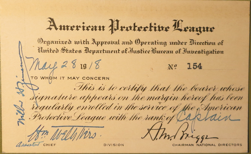 A membership card for the American Protective League, issued May 28, 1918. 