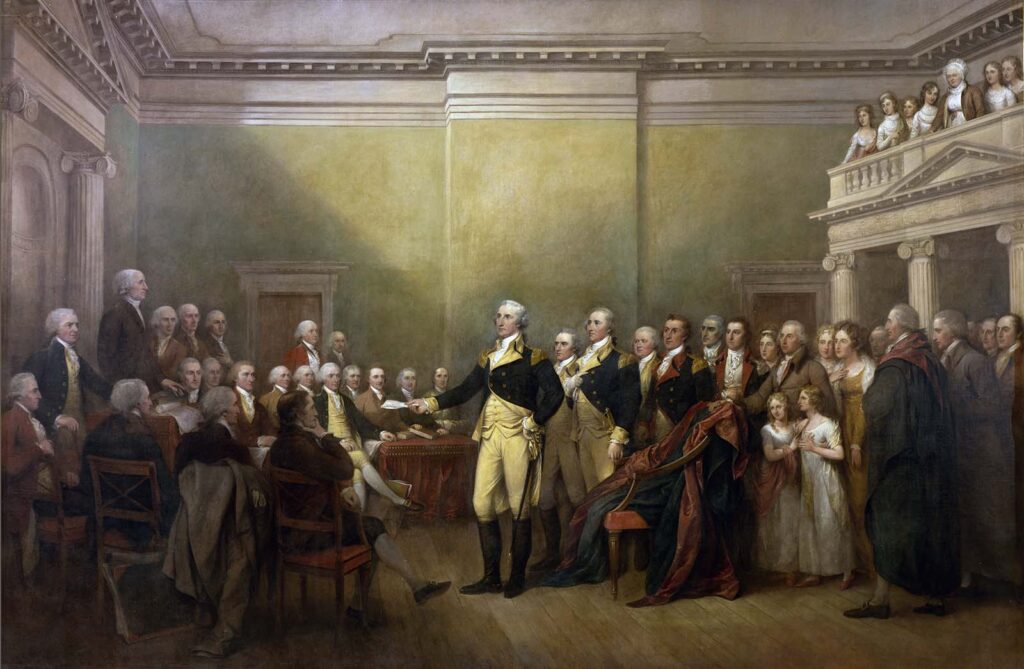 The paint depicts a scene in the Old Senate Chamber of the Maryland State House in Annapolis on December 23, 1783. George Washington stands in the center of the chamber in full military uniform as he addresses the Continental Congress. Standing directly behind General Washington are his two aides-de-camp—Benjamin Walker and David Humphreys. Also standing behind Washington are several other officers of the Continental Army, along with Maryland delegate Charles Carroll with his two daughters. Standing in the chamber gallery above Washington’s head are Washington’s wife, Martha, and their grandchildren.