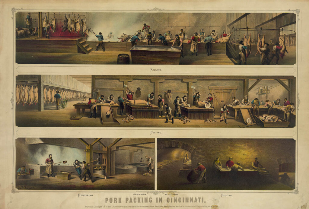 Image depicting the various stages of a pork “disassembly line.”