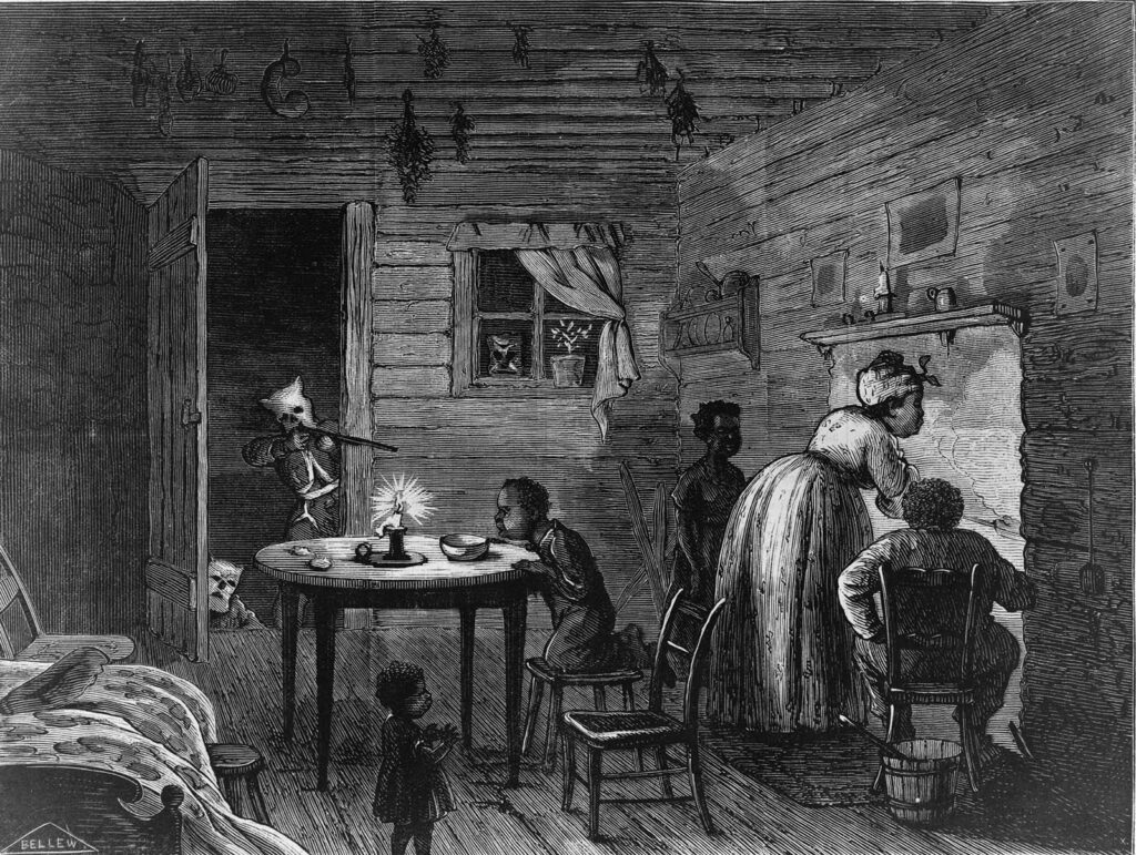 This illustration shows three masked men peering into a Black home. One of the masked men has a rifle pointed at the back of a woman tending the stove. Three children appear as well as a man seated, also with his back to the door. . Frank Bellew, Visit of the Ku-Klux,”1872. Wikimedia.