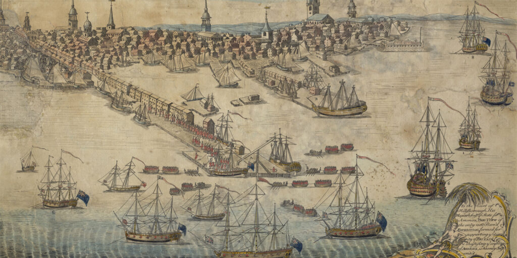 In the foreground fourteen eighteenth-century British military ships sit in the waters of Boston Harbor. Rowboats filled with British soldiers are docking in the harbor ports. More British troops are marching up the docks into the city of Boston in the background.